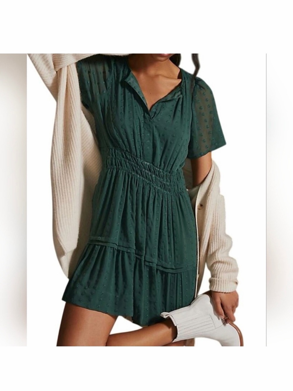 Anthropologie Deep Green Textured Cottagecore Tiered Somerset Mini Dress